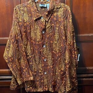 Vintage Maggie Barnes Brown orange  and Gold Embroidered 100% silk size 4X shirt